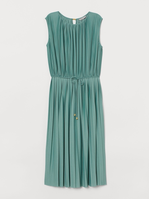 

H&M Women Green Solid Pleated Dress