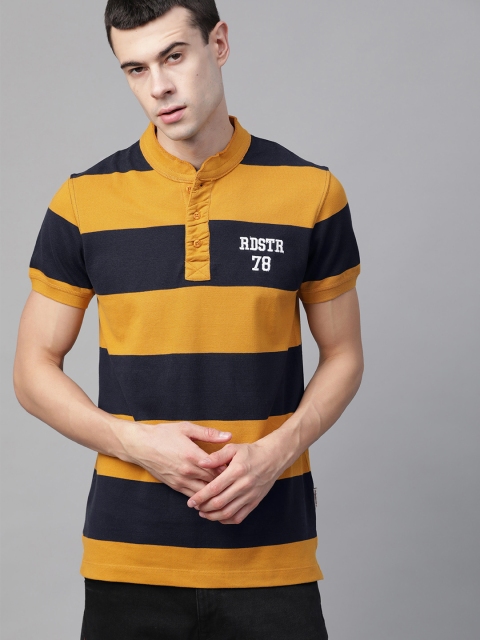 

Roadster Men Mustard Yellow & Navy Blue Striped Mandarin Collar T-shirt