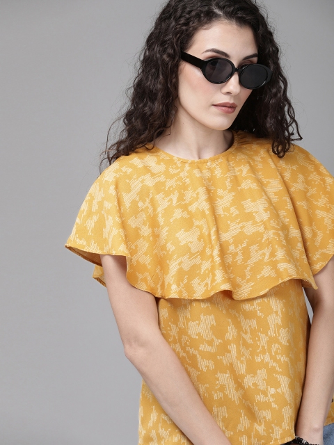 

Roadster Women Mustard Yellow & White Printed Layered Cape Top