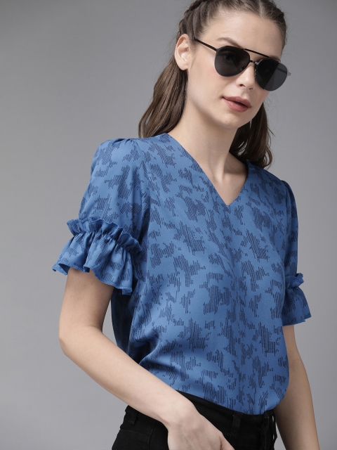 

Roadster Women Blue Printed Top with Ruffle Detailed Sleeve