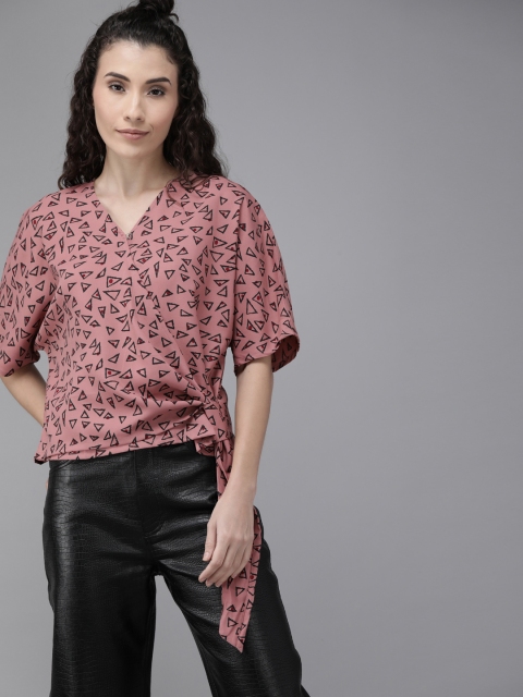 

Roadster Women Pink & Black Geometric Printed Wrap Top with Tie-Ups