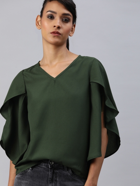 

Roadster Women Green Solid Top With Slit Sleeves
