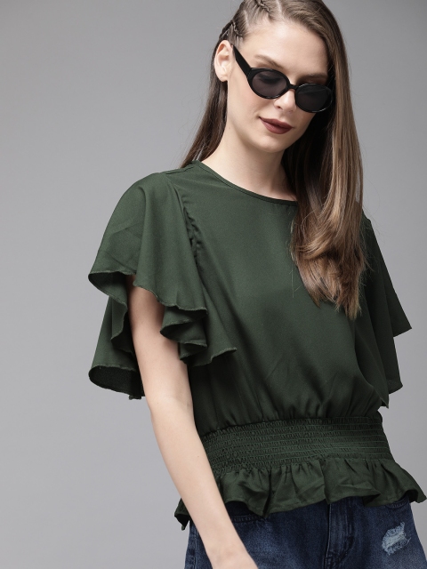 

Roadster Women Olive Green Solid Smocked Cinched Waist Top With Flutter Sleeves