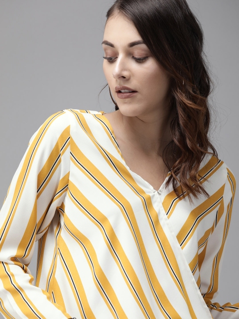 

Roadster Women White & Mustard Yellow Striped Wrap Top