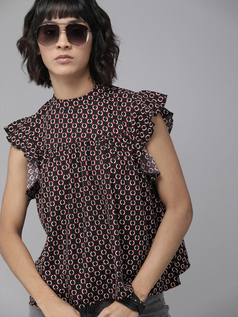 

Roadster Women Black & Maroon Printed Flutter Sleeve Top