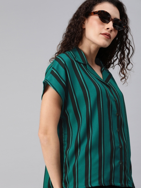 

Roadster Women Teal Green & Black Regular Fit Striped Casual Shirt