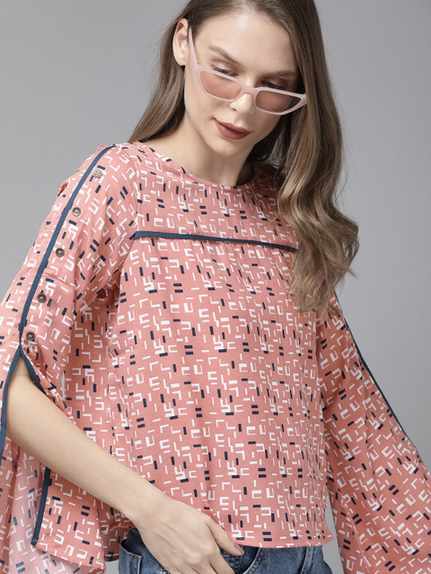 

Roadster Women Pink & White Printed Slit Sleeve Top
