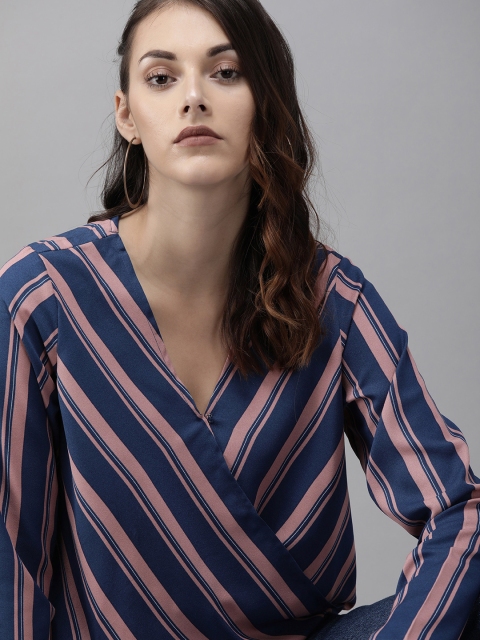 

Roadster Women Blue & Peach-coloured Striped Wrap Top