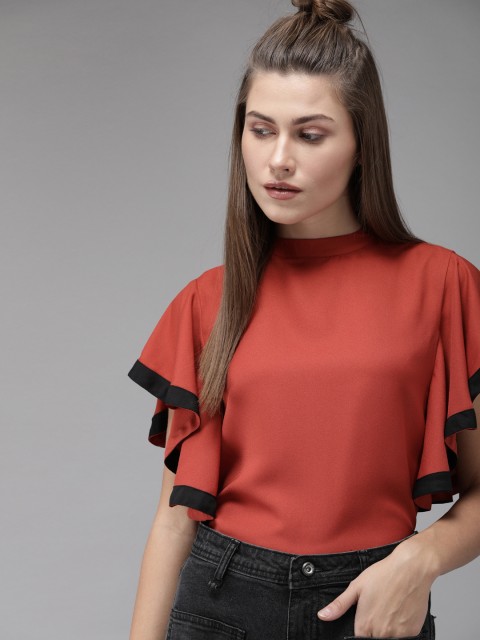 

Roadster Women Rust Red Solid Flared Sleeve Regular Top