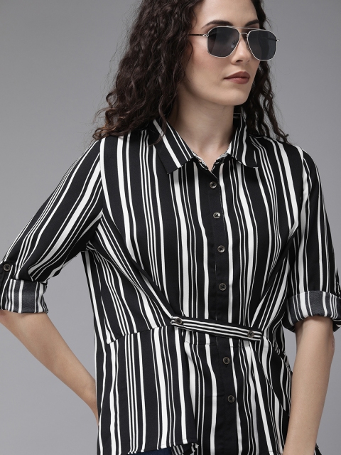 

Roadster Women Black & White Regular Fit Striped Casual Shirt