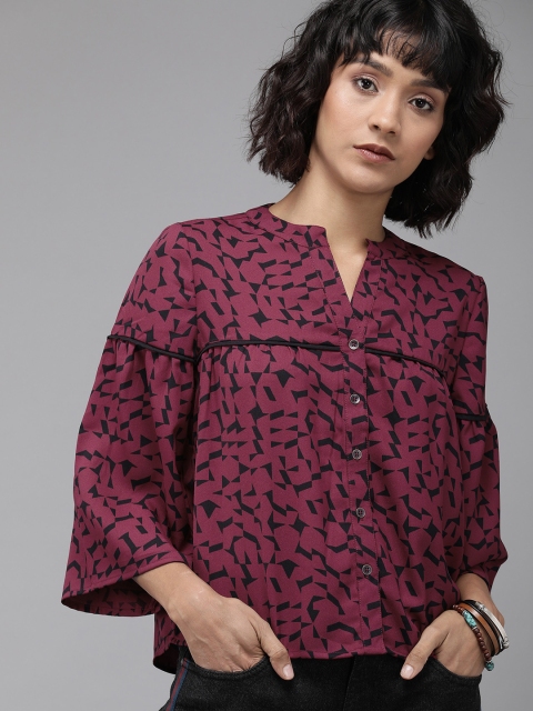 

Roadster Women Magenta Pink & Black Printed Shirt Style Top With Flared Sleeves