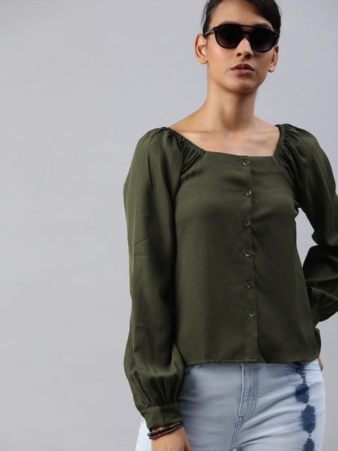 

Roadster Women Green Solid Cuffed Sleeved Top