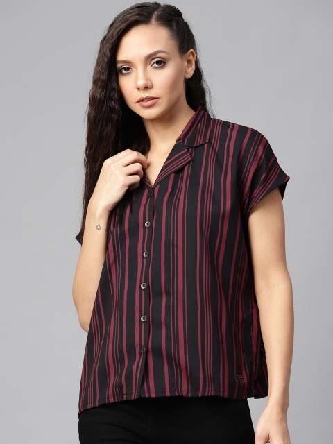

Roadster Women Black & Maroon Regular Fit Striped Casual Shirt