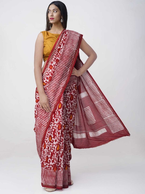 

Unnati Silks Red & Off-White Silk Cotton Printed Chanderi Handloom Saree