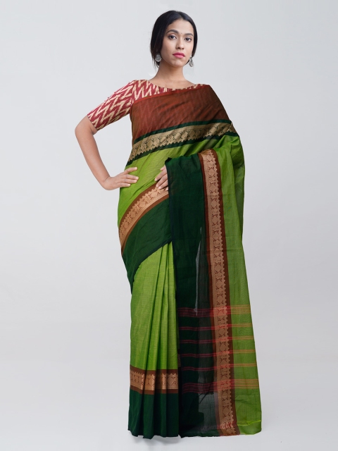 

Unnati Silks Green & Red Pure Cotton Colourblocked Kanjeevaram Saree