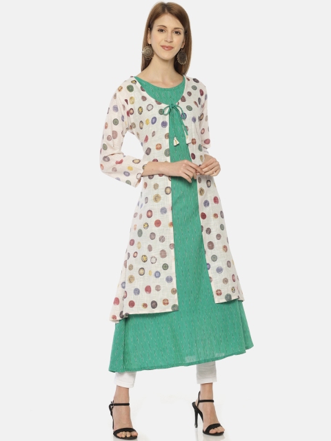 

Resha Women Green & Cream-Coloured Printed 2 Piece A-Line Kurta