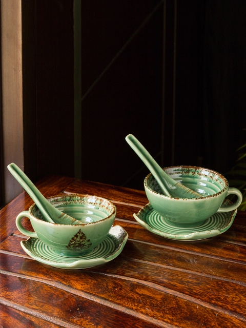 

ExclusiveLane Set Of 2 Green & Brown Handpainted Ceramic Soup Bowls With Saucers & Spoons