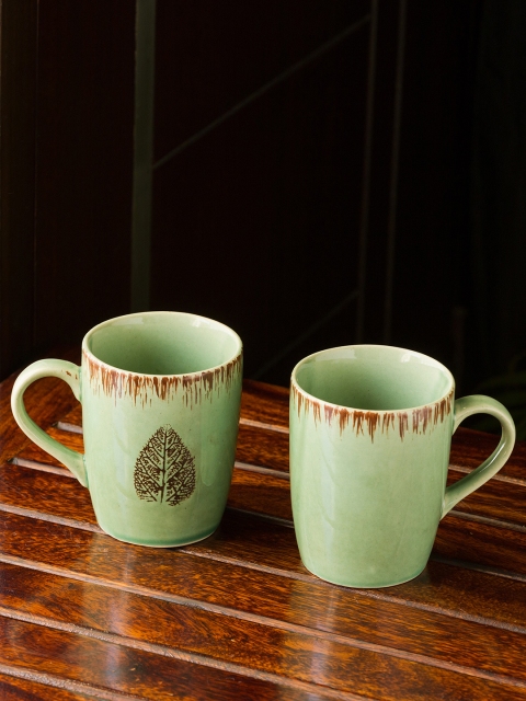 

ExclusiveLane Set Of 2 Green & Brown Banyan-Leaves Hand-painted Ceramic Tea & Coffee Mugs