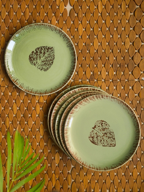 

ExclusiveLane 6-Pieces Olive Green & Brown Banyan-Leaves Hand-Painted Ceramic Plates