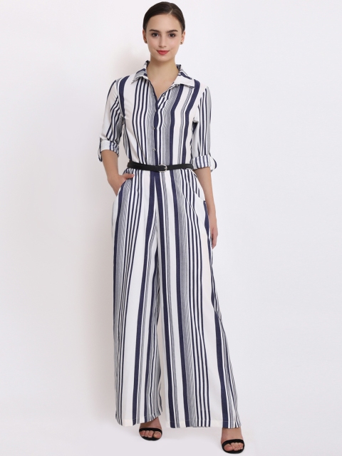 

PURYS Women White & Navy Blue Striped Basic Jumpsuit