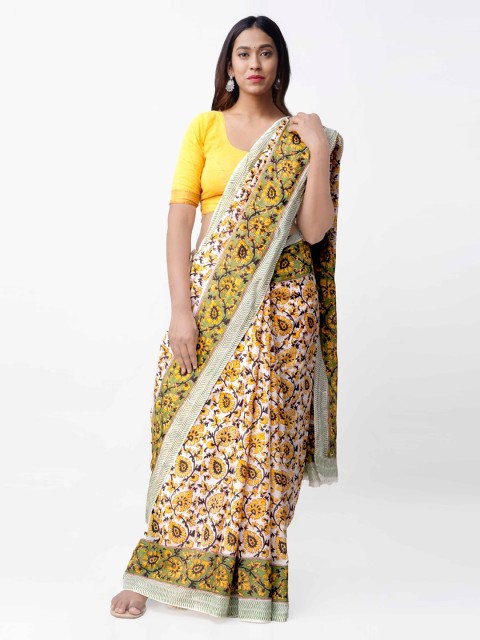 

Unnati Silks White & Yellow Art Silk Printed Bagru Handloom Saree
