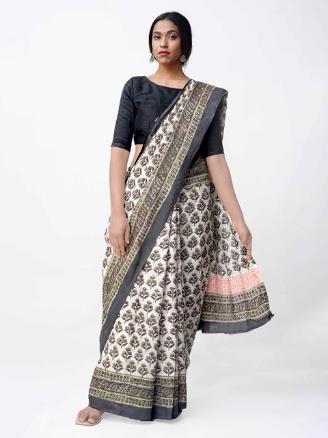 

Unnati Silks White & Black Art Silk Printed Bagru Saree