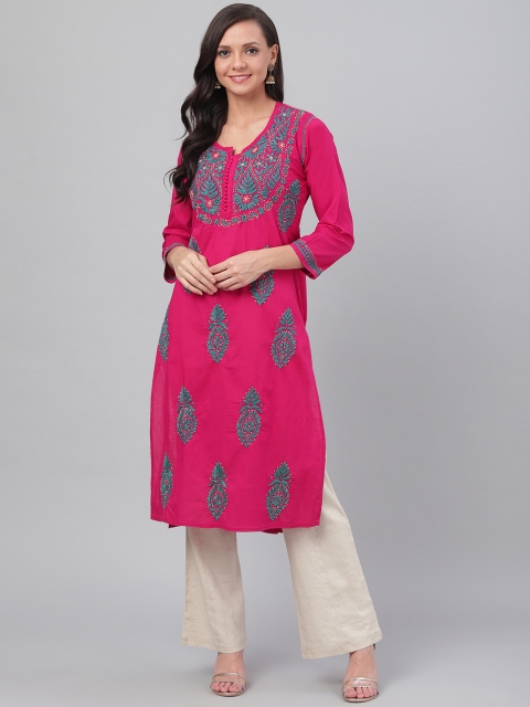

ADA Women Pink & Teal Green Chikankari Embroidered Straight Sustainable Kurta