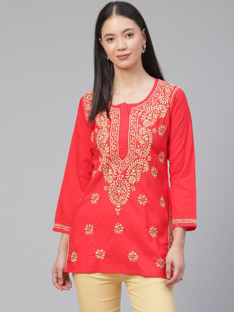 

ADA Women Coral Red & Beige Chikankari Embroidered Pure Cotton Straight Sustainable Handloom Kurti