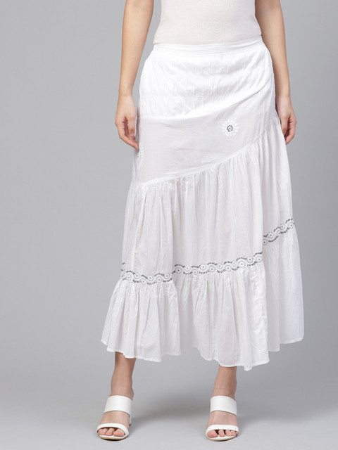 

ADA Women White Floral Chikankari Hand Embroidered Tiered Sustainable Maxi Skirt