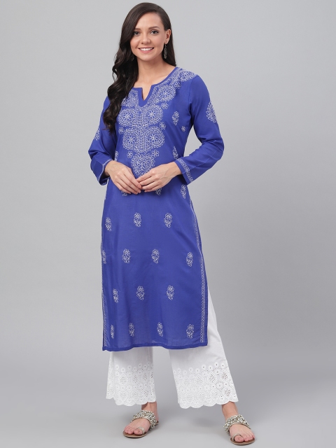 

ADA Women Blue & White Chikankari Hand Embroidered Straight Sustainable Kurta