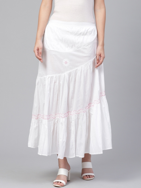 

ADA Women White Floral Chikankari Hand Embroidered Tiered Sustainable Maxi Skirt