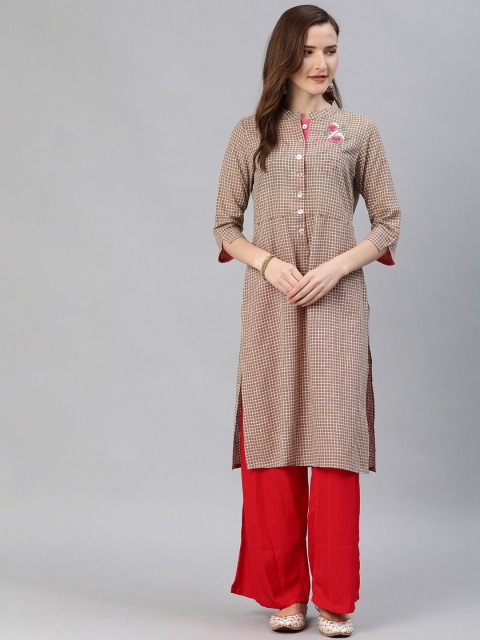 

araaliya Women Brown & White Checked Straight Kurta