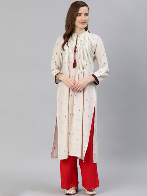 

araaliya Women Cream Woven Design Straight Kurta