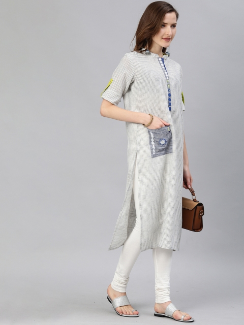 

araaliya Women Off-White & Blue Embroidered Straight Kurta