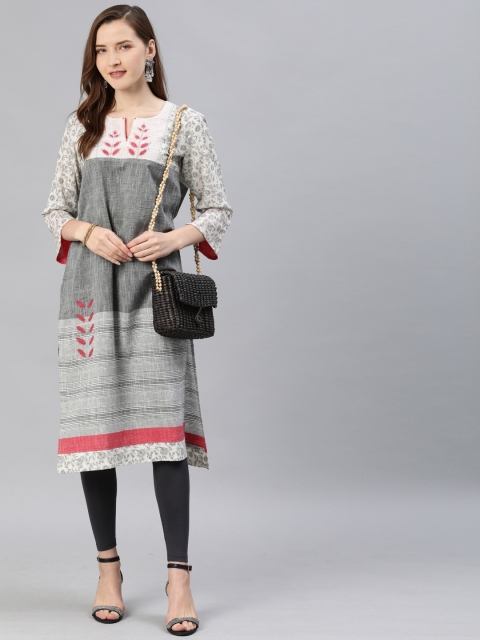 

araaliya Women Grey & Red Embroidered A-Line Kurta