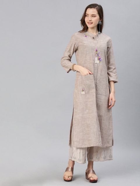 

araaliya Women Beige Embroidered Straight Kurta