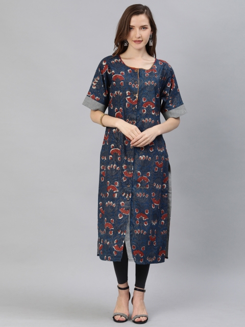 

araaliya Women Navy Blue Floral Printed Straight Kurta