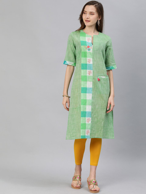 

araaliya Women Green Checked Straight Kurta