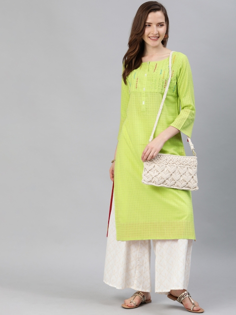 

araaliya Women Lime Green Woven Design Straight Kurta