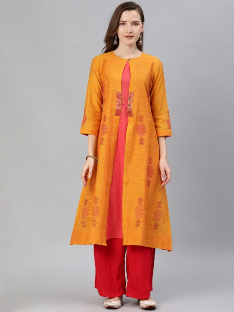 

araaliya Women Yellow & Pink Striped Straight Kurta