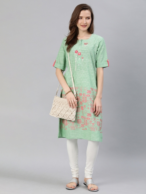 

araaliya Women Sea Green & Pink Printed A-Line Kurta