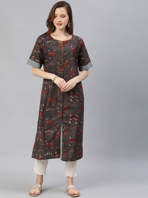 

araaliya Women Coffee Brown & Maroon Printed A-Line Kurta