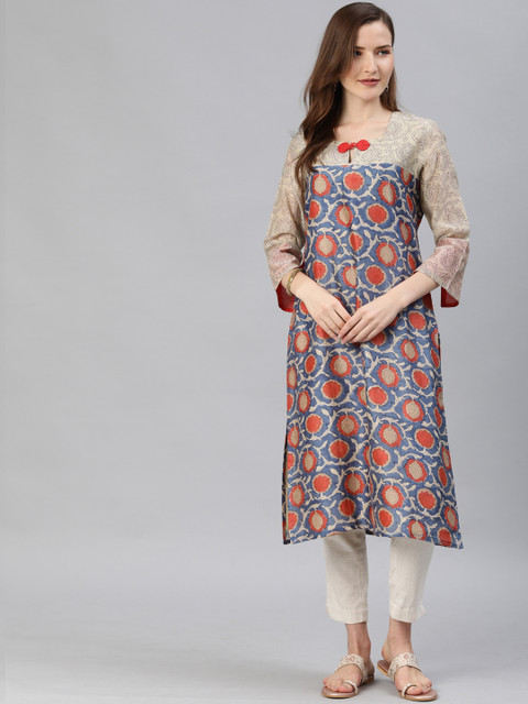 

araaliya Women Beige & Blue Printed Straight Kurta