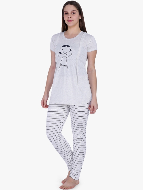 

MomToBe Women Grey & Black Printed Maternity Feeding Night Suit
