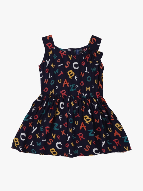 

YK Girls Navy Blue Printed Fit and Flare Dress