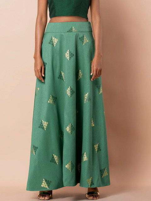 

INDYA Women Green Diamond Foil Printed Flared Maxi Skirt