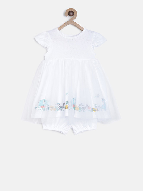 

MINI KLUB Infant Girls White Printed Fit and Flare Dress with Bloomers & Hairband