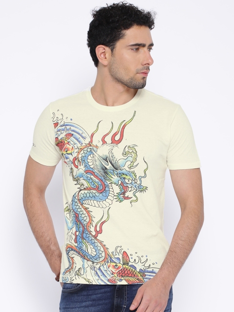 

Ed Hardy Cream-Coloured Printed Linen Line T-shirt