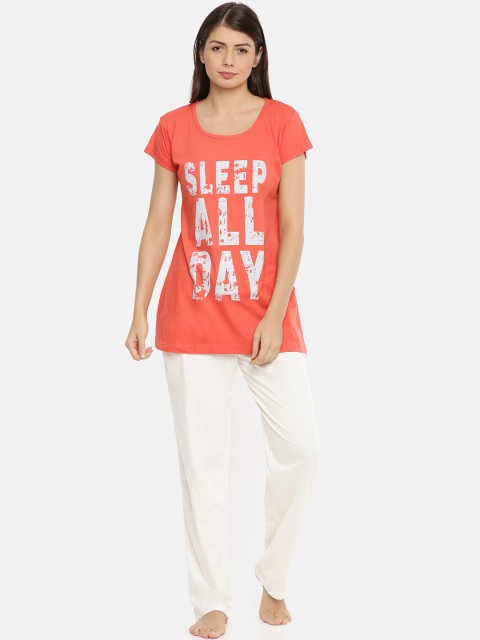 

Red Rose Women Orange & Cream-Coloured Printed Night suit
