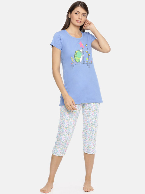

Red Rose Women Blue & White Printed Night Suit